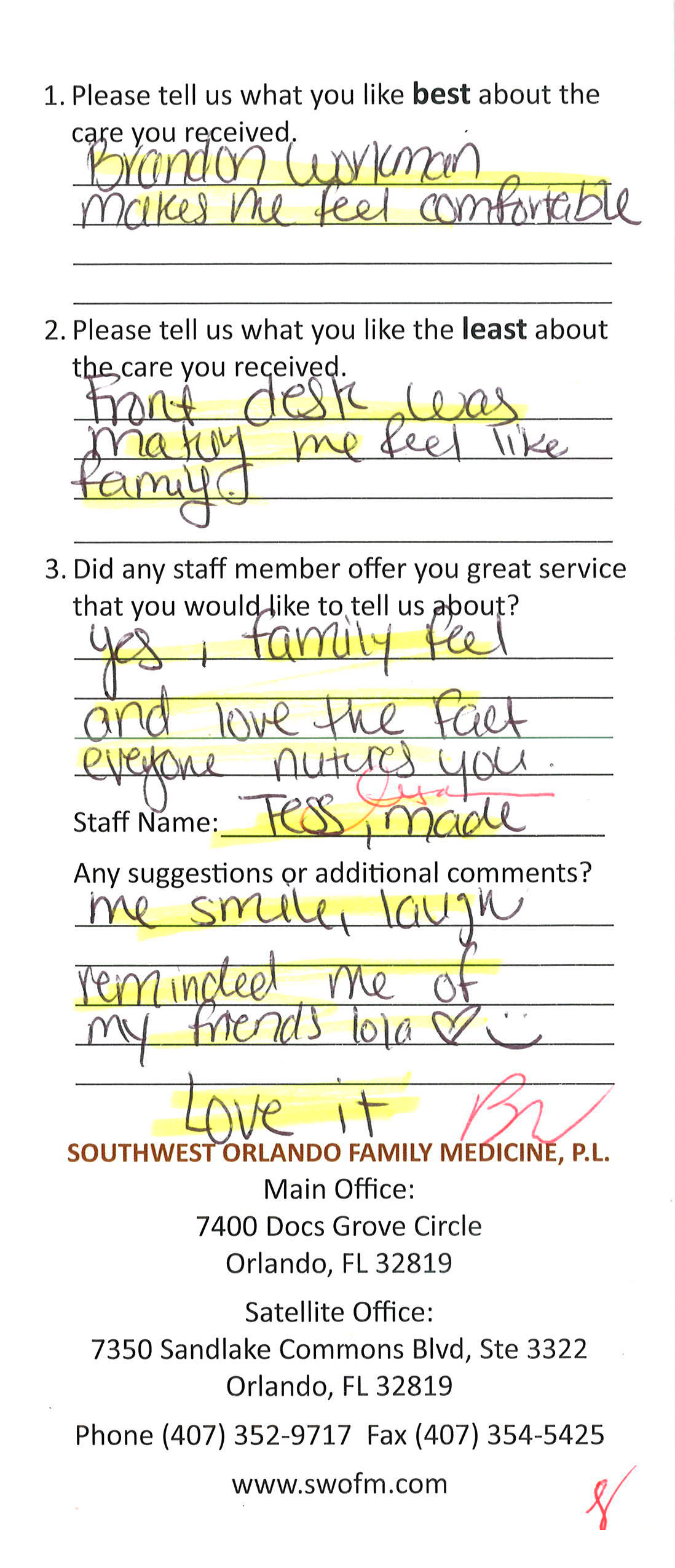 Testimonials Southwest Orlando Family Medicine, P.L.