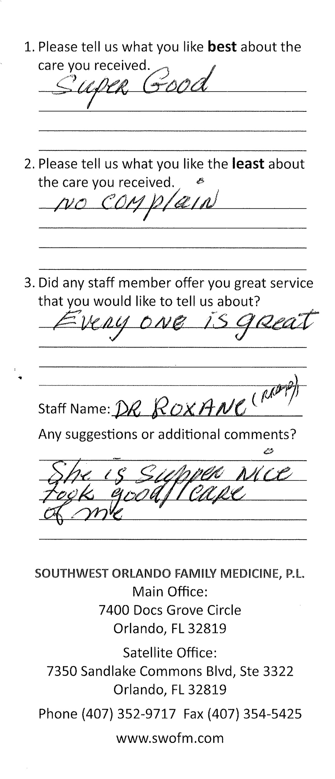 Testimonials Southwest Orlando Family Medicine, P.L.