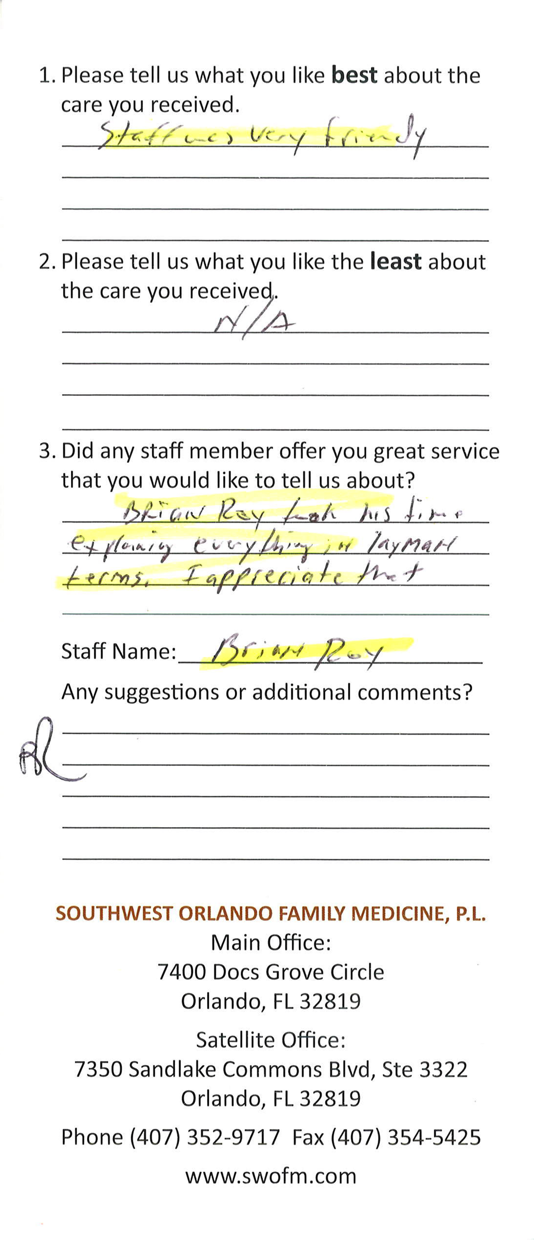 Testimonials Southwest Orlando Family Medicine, P.L.