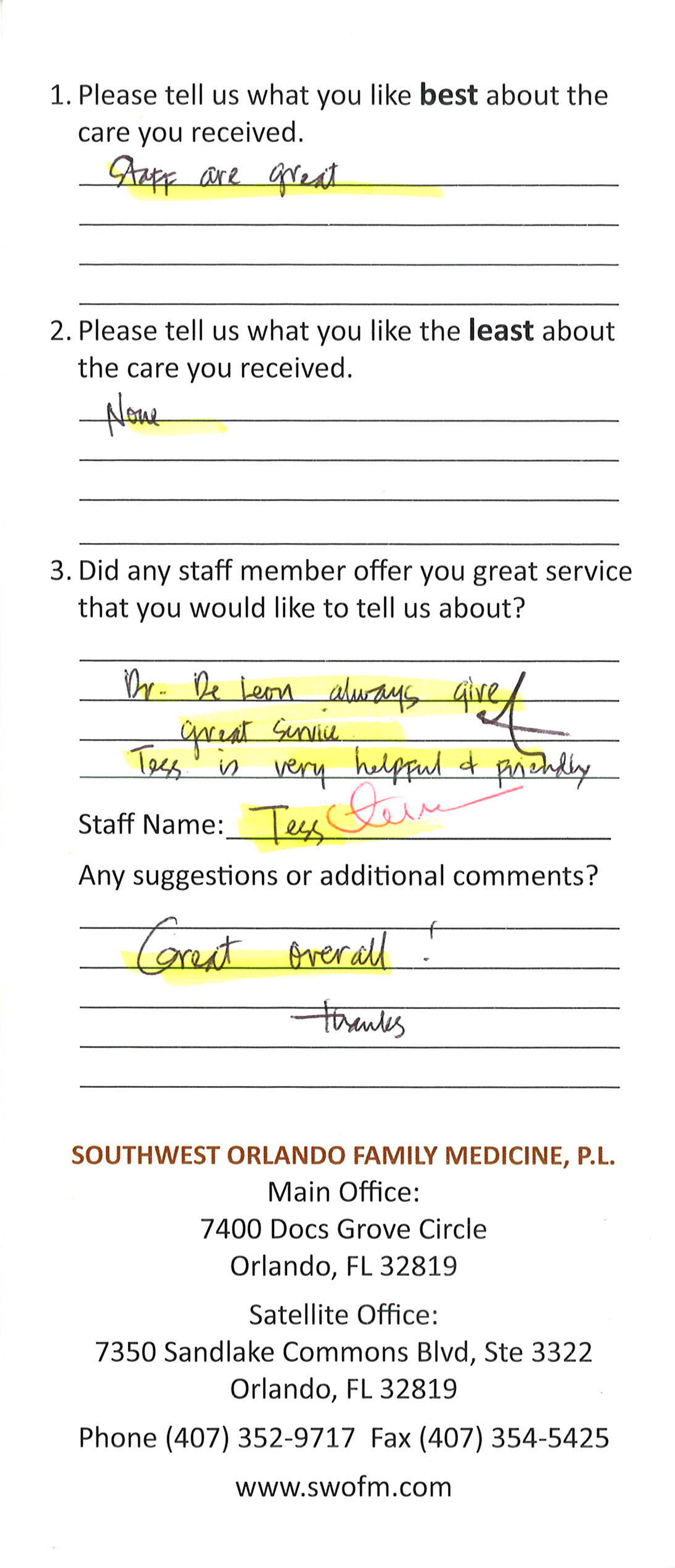 Testimonials Southwest Orlando Family Medicine, P.L.