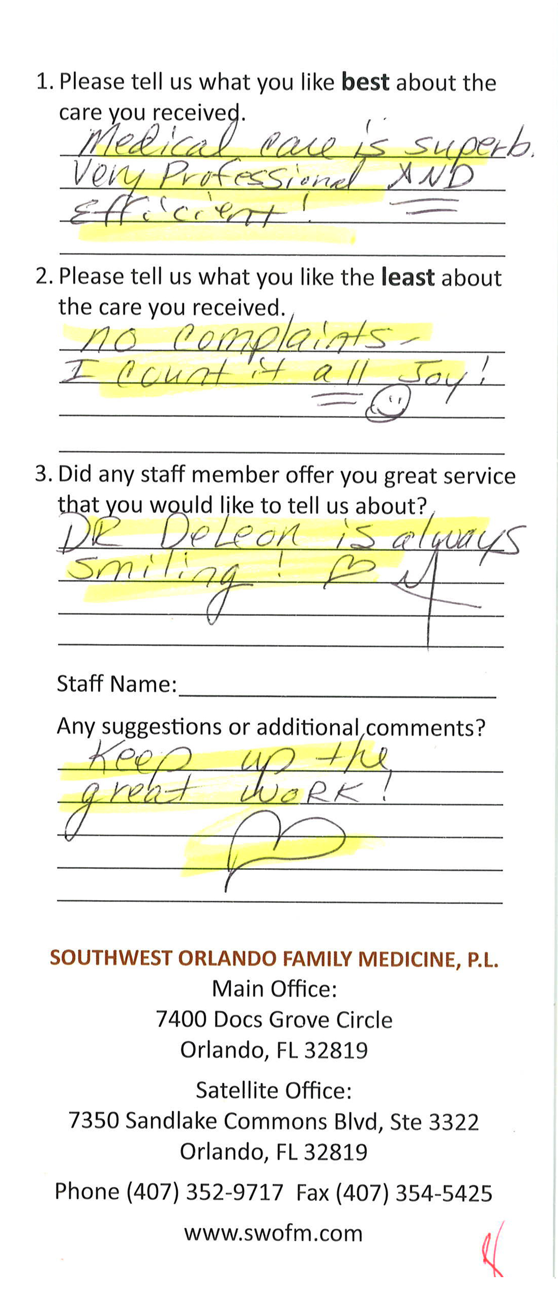 Testimonials Southwest Orlando Family Medicine, P.L.