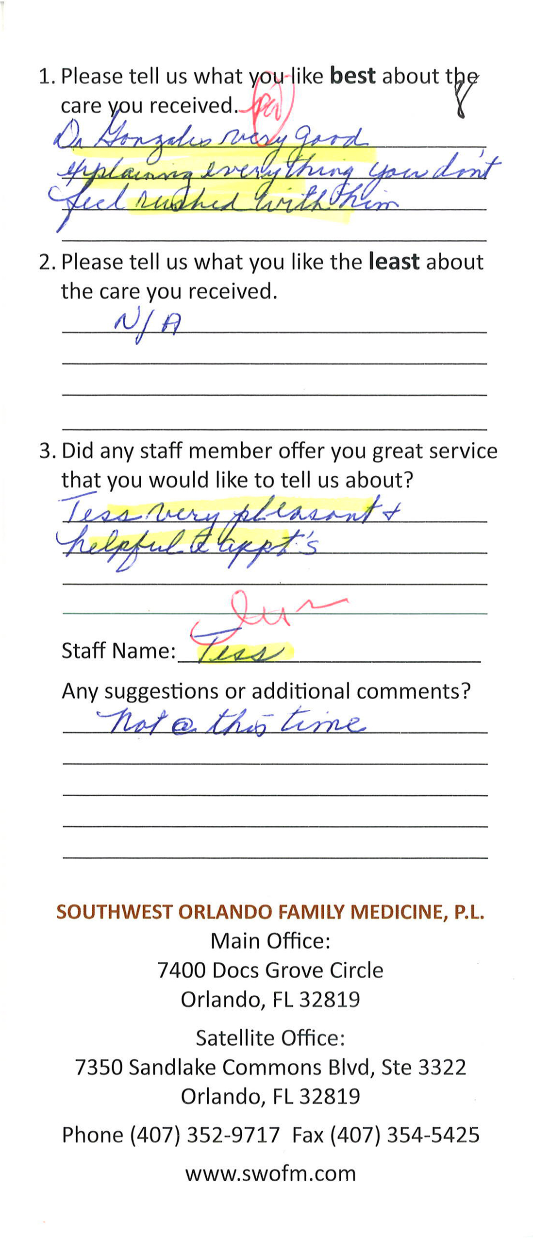 Testimonials Southwest Orlando Family Medicine, P.L.