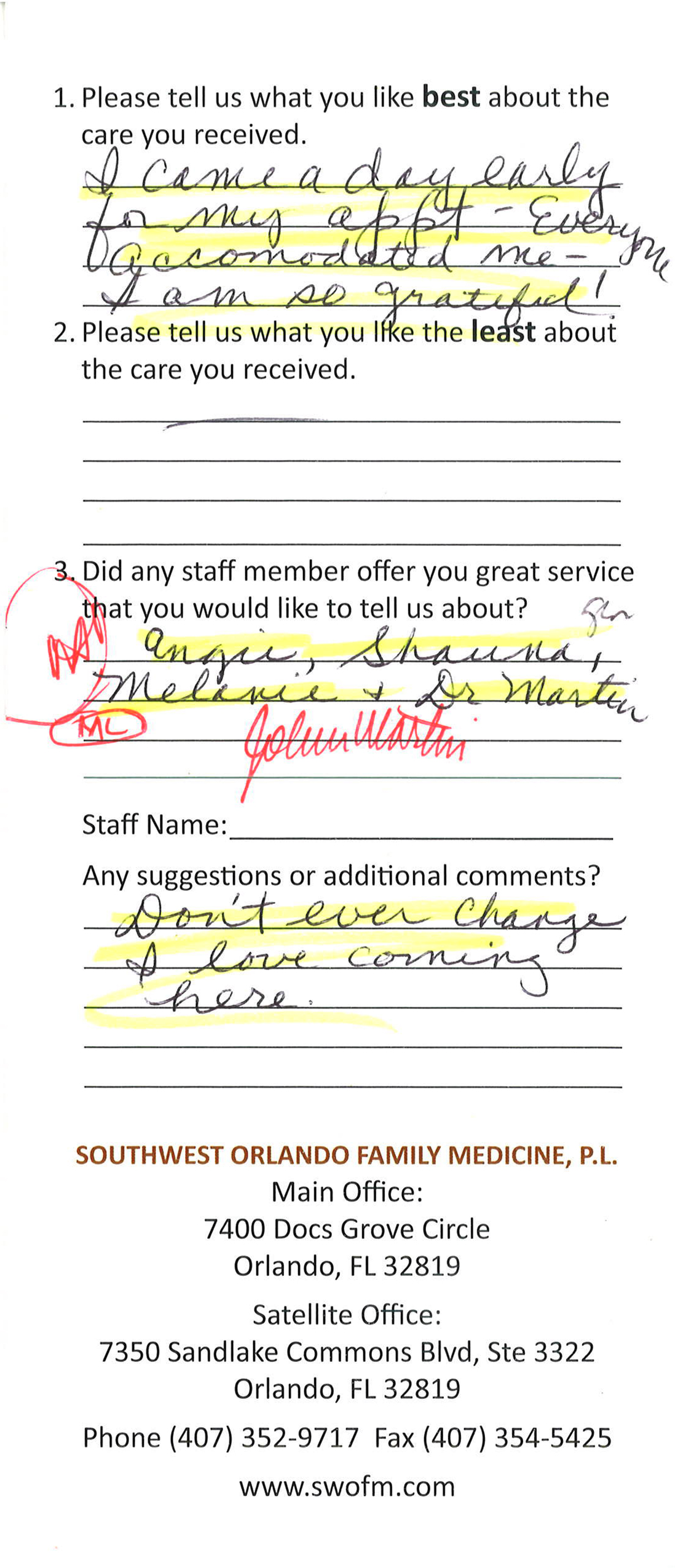 Testimonials Southwest Orlando Family Medicine, P.L.